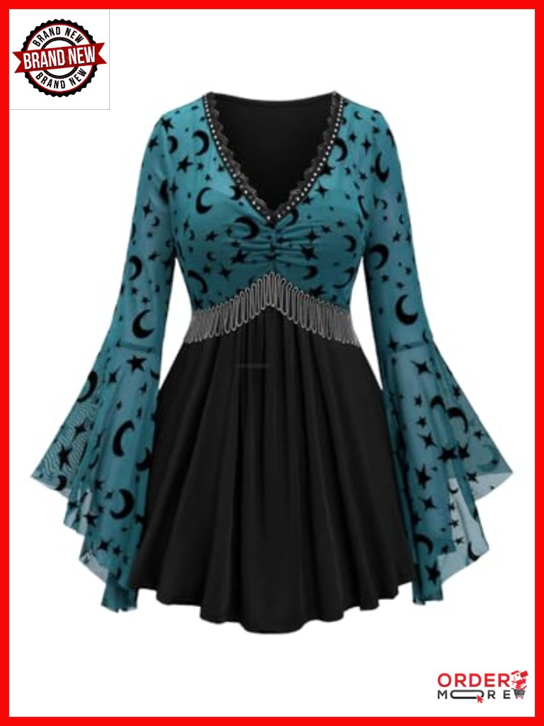 Plus Size Gothic Moon Star Mesh Panel Bell Sleeve Chain Tassel T-Shirt